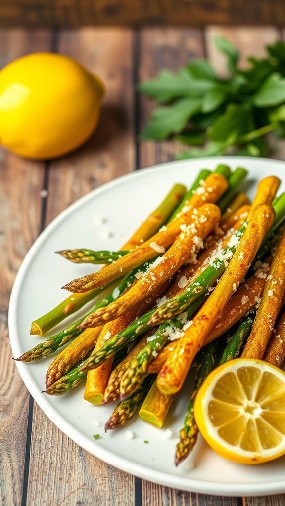 Crispy air-fried asparagus topped with Parmesan cheese and lemon juice on a wooden table.